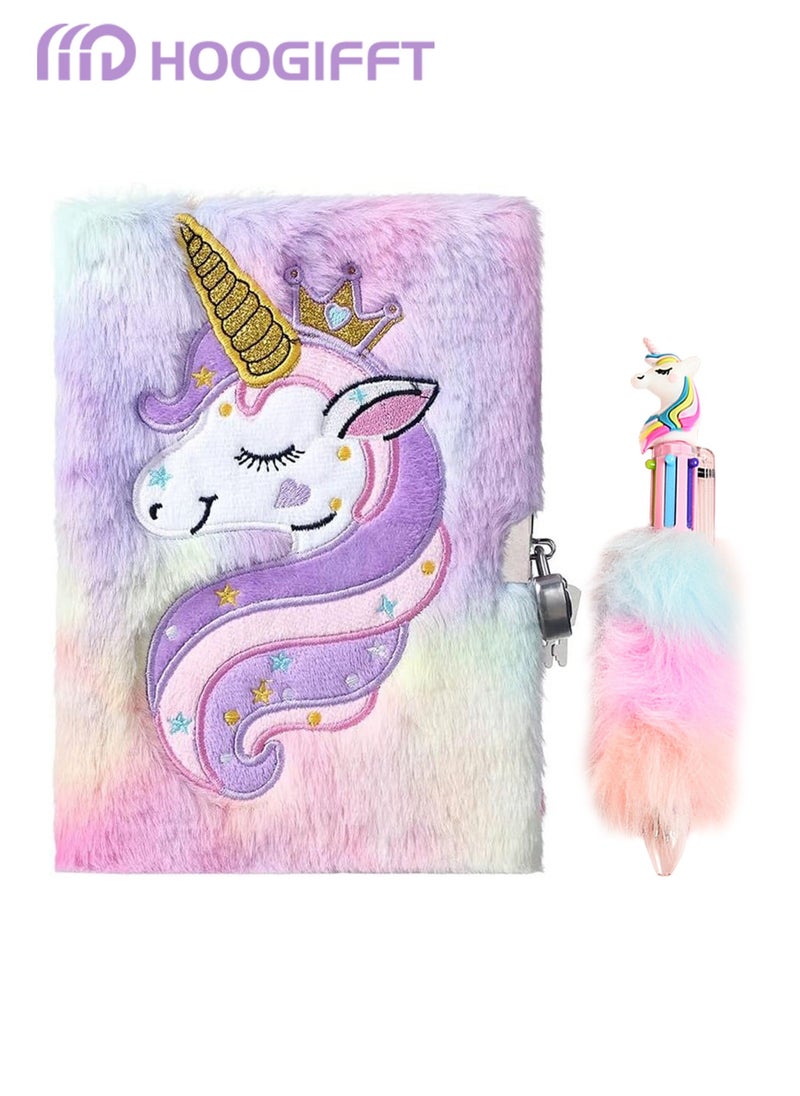 HOOGIFFT Unicorn Kids Diary with Lock and Key Journal Diary  for Girls Kids Gift Embroidery Fuzzy Lined Notebook School Office Writing Drawing Notepad , with 160 Pages  - Image 1