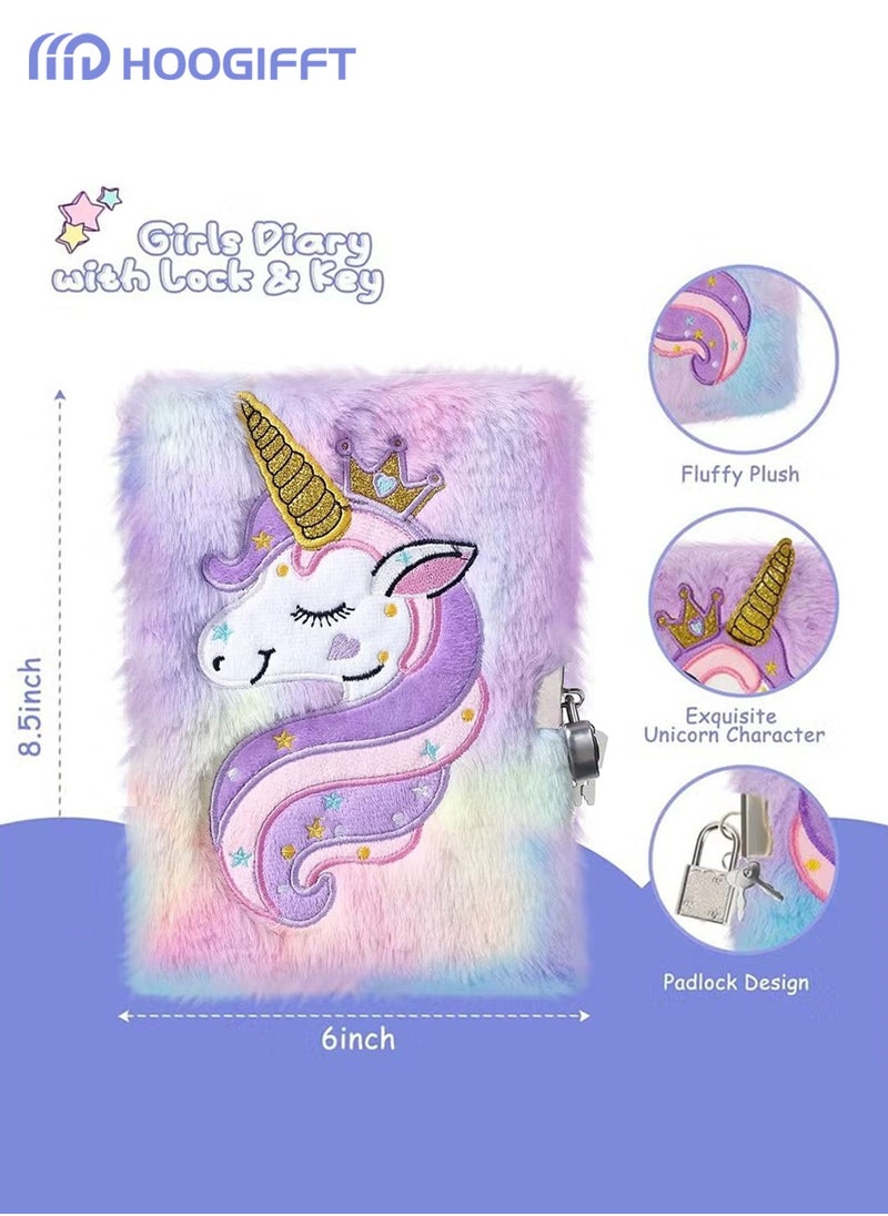 HOOGIFFT Unicorn Kids Diary with Lock and Key Journal Diary  for Girls Kids Gift Embroidery Fuzzy Lined Notebook School Office Writing Drawing Notepad , with 160 Pages  - Image 2