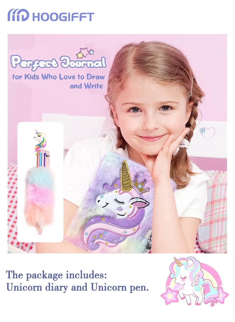 HOOGIFFT Unicorn Kids Diary with Lock and Key Journal Diary  for Girls Kids Gift Embroidery Fuzzy Lined Notebook School Office Writing Drawing Notepad , with 160 Pages  - Image 3