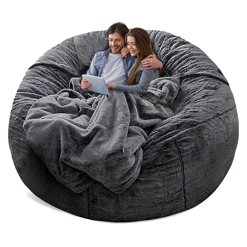 YudouTechï¼ˆNo Filler Bean Bag Chair Cover Without Filler,Big Round Soft Fluffy PV Velvet Washable Bean Bag Lazy Sofa Bed Cover for Adults,Living Room Bedroom Furniture Outside,5ft Dark Grey - Image 1