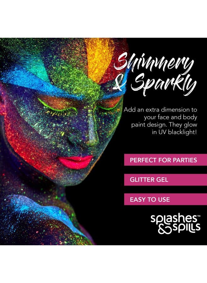 Splashes & Spills UV Glitter Body Paint Gel - 4 Colors Cosmetic Set for Girls, Women, Adults - 10 ml Tubes with Glowing Effect - Perfect for Dress Up, Festival, Costume Party, Halloween - by Splashes and Spills - Image 2