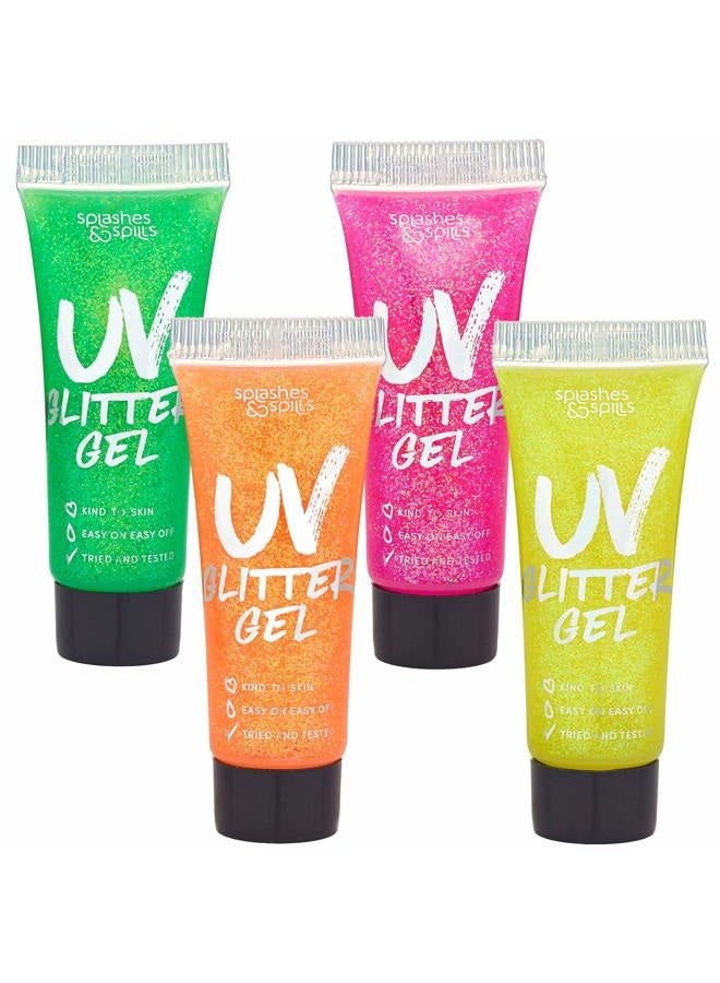 Splashes & Spills UV Glitter Body Paint Gel - 4 Colors Cosmetic Set for Girls, Women, Adults - 10 ml Tubes with Glowing Effect - Perfect for Dress Up, Festival, Costume Party, Halloween - by Splashes and Spills - Image 1