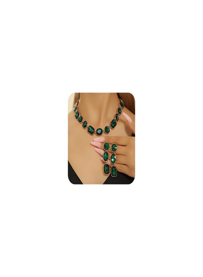 Chargances Bridal Wedding Jewelry Set Gold Green Rhinestone Necklace Earrings Set Geometry Drop Earring for Women and Brides - Image 1