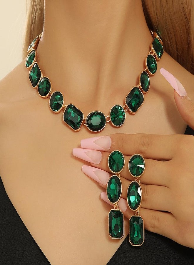 Chargances Bridal Wedding Jewelry Set Gold Green Rhinestone Necklace Earrings Set Geometry Drop Earring for Women and Brides - Image 2