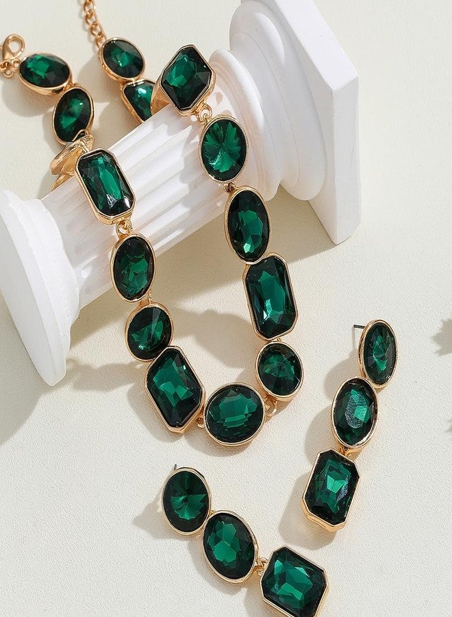 Chargances Bridal Wedding Jewelry Set Gold Green Rhinestone Necklace Earrings Set Geometry Drop Earring for Women and Brides - Image 5