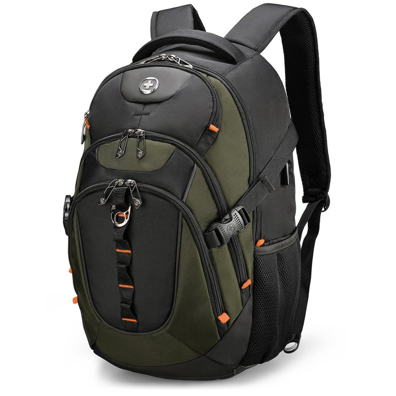 Swissdigital Design Laptop Backpack, Travel Backpack with USB Charging Port Fits 15.6 inches Computer, 31L College School Bookbag for Men,Olive/Black | SD803-26 - Image 1