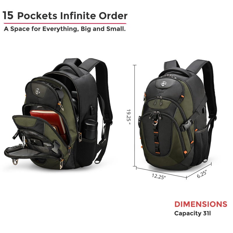 Swissdigital Design Laptop Backpack, Travel Backpack with USB Charging Port Fits 15.6 inches Computer, 31L College School Bookbag for Men,Olive/Black | SD803-26 - Image 3