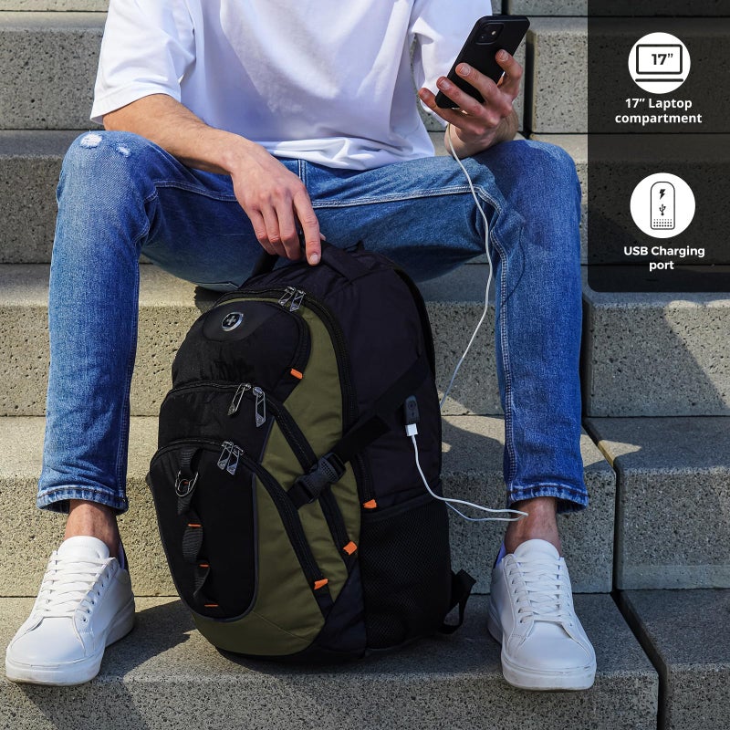 Swissdigital Design Laptop Backpack, Travel Backpack with USB Charging Port Fits 15.6 inches Computer, 31L College School Bookbag for Men,Olive/Black | SD803-26 - Image 2