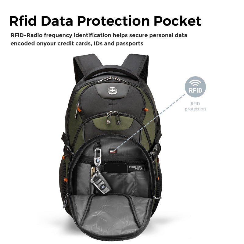 Swissdigital Design Laptop Backpack, Travel Backpack with USB Charging Port Fits 15.6 inches Computer, 31L College School Bookbag for Men,Olive/Black | SD803-26 - Image 5