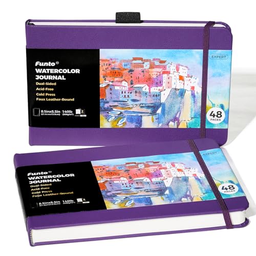 Funto Watercolor Journal 85x55 2 Pack 48 Pages Each Purple Leather Cover ColdPressed Inner Paper Pocket Art Supplies for Mixed Media - Image 1