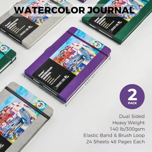 Funto Watercolor Journal 85x55 2 Pack 48 Pages Each Purple Leather Cover ColdPressed Inner Paper Pocket Art Supplies for Mixed Media - Image 3
