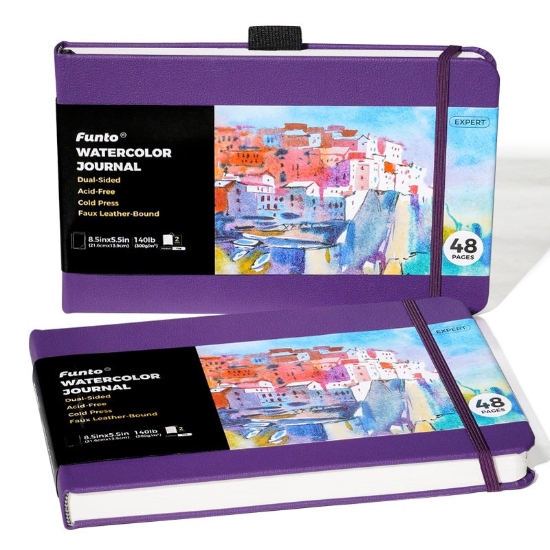 Funto Watercolor Journal 85x55 2 Pack 48 Pages Each Purple Leather Cover ColdPressed Inner Paper Pocket Art Supplies for Mixed Media - Image 2