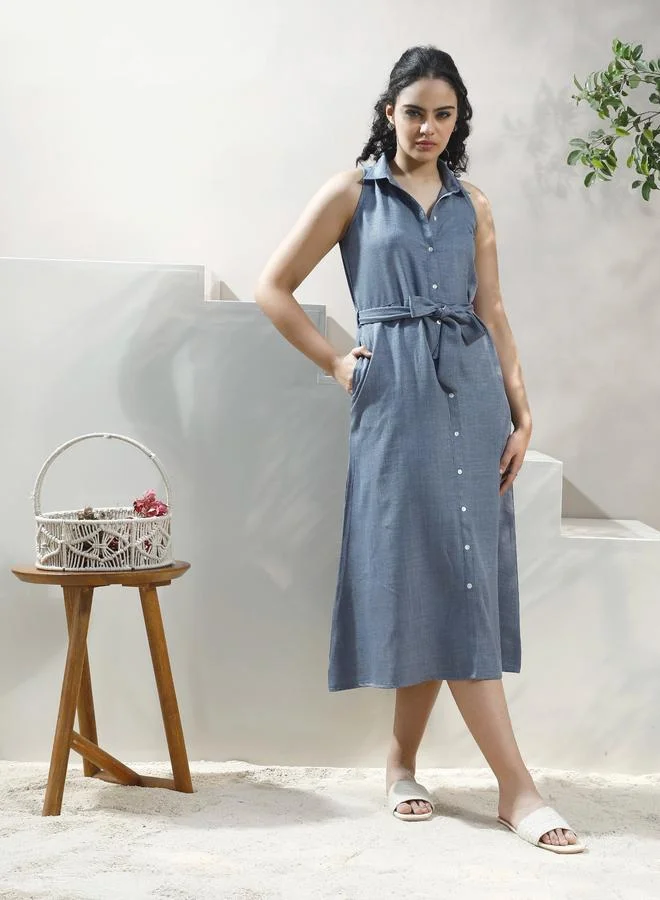 Athena Blue Linen Sleeveless Midi Shirt Dress