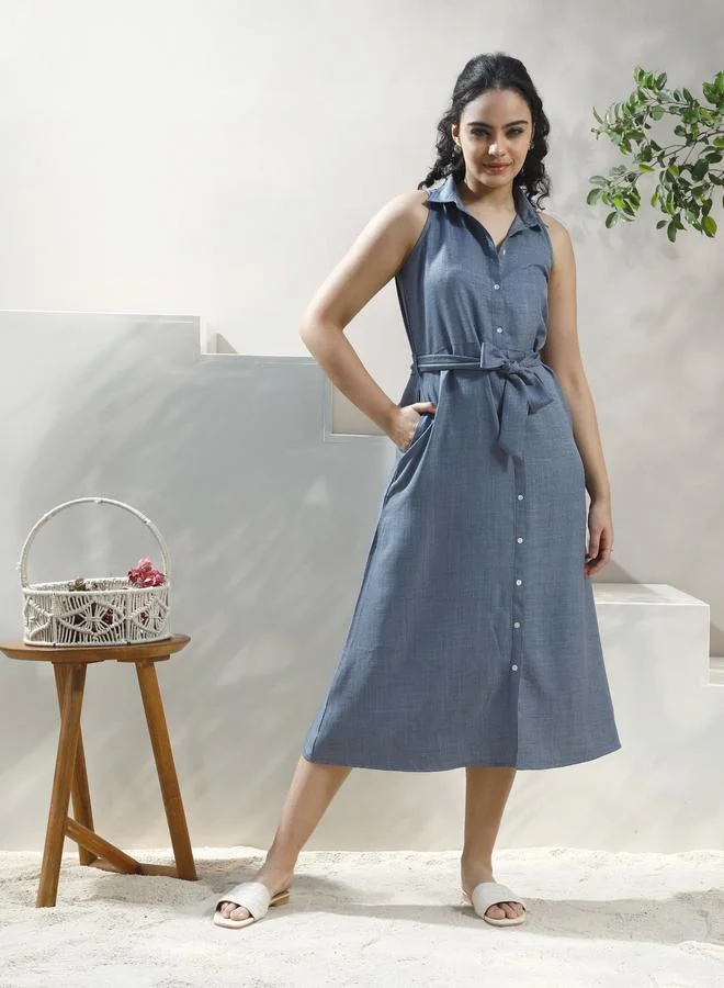 Athena Blue Linen Sleeveless Midi Shirt Dress
