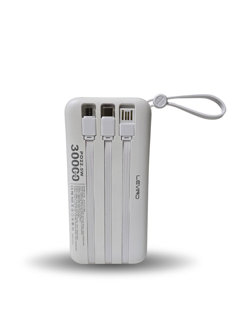LEVINO 30000mAh Power Bank with 22.5W Fast Charging – 4 USB & 2 Type-C Ports, Digital Display, Overvoltage & Temperature Protection, Includes Type-C, Lightning & USB Cables – White - Image 2