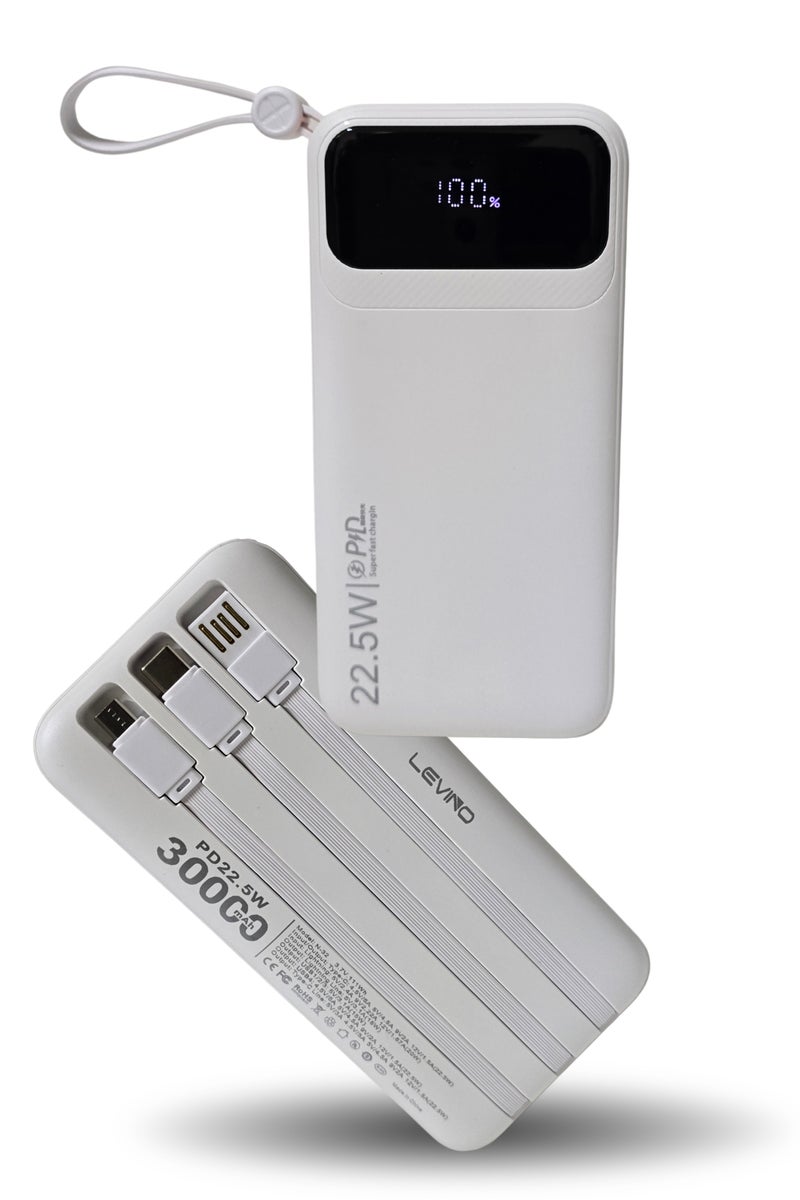 LEVINO 30000mAh Power Bank with 22.5W Fast Charging – 4 USB & 2 Type-C Ports, Digital Display, Overvoltage & Temperature Protection, Includes Type-C, Lightning & USB Cables – White - Image 1
