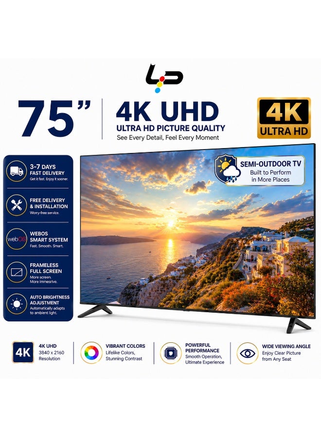 LP 75 Inch WEBOS Smart TV 4K UHD Rimless LED TV Dolby Decode Bluetooth 5.0 3HDMI 2USB For Home - Image 2