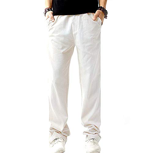 SIR7 Men's Linen Casual Lightweight Drawstrintg Elastic Waist Summer Beach Pants White M - Image 2