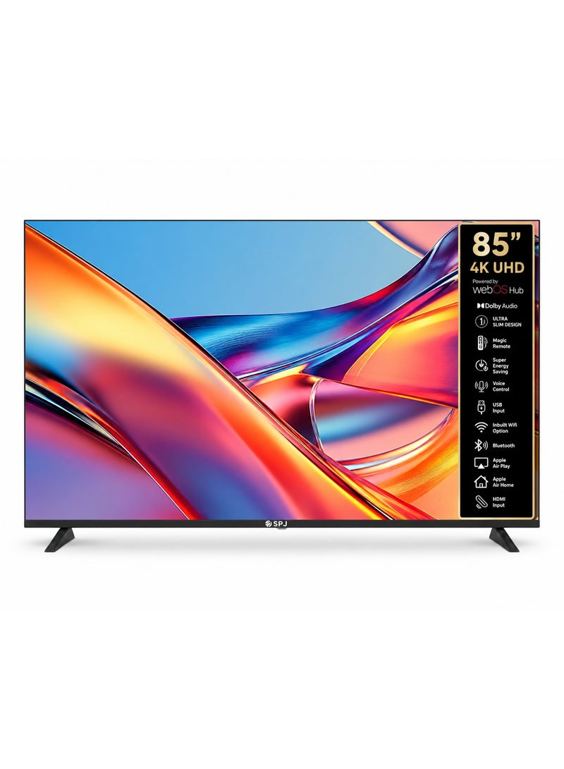 اس بي جي تلفزيون SPJ الذكي LED بدقة 4K UHD مقاس 85 بوصة بنظام WebOS مع حوامل جدارية وجهاز تحكم عن بعد سحري، يدعم تقنية Dolby Atmos وApple AirPlay وApple Home وNetflix وTwitch، لون أسود - Image 1