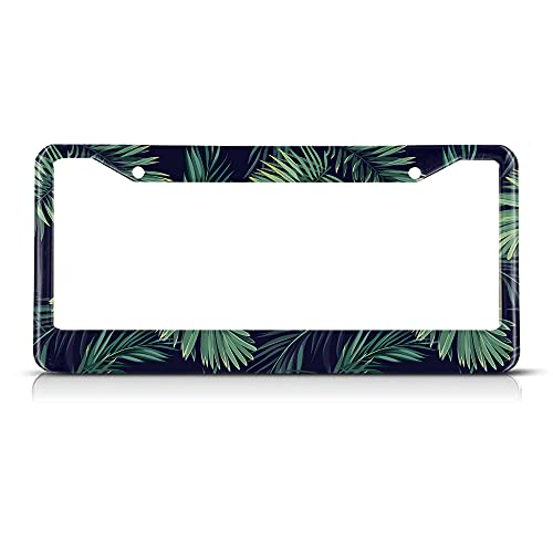 Beabes Dark Tropical Leaves License Plate Frame Auto Tag Frames Green Palm Tree License Plates Holder 2 Holes Leaf Hawaii Decorative Car Truck Motorcycle License Plates Tag for Men Women - Image 1