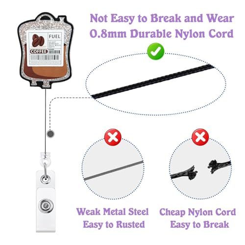 Bydevia Funny Coffee Fuel Glitter Badge Reel Retractable for Nurse Nursing RN CNA LPN Medical Worker & Office Staff | Cute Nurse Gifts, Coffee IV Bag Badge Holder with Alligator Clip & 24” Durable Nylon Cord - Image 4