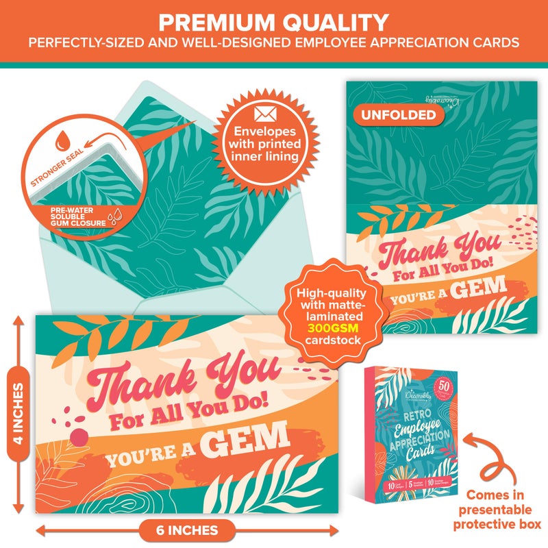 Decorably 50 Pack 6x4in Employee Appreciation Cards with Envelopes and Stickers, 10 Colorful and Retro Designs Staff Appreciation Cards, Blank Inside - Promotion, Recognition, Work Anniversary - Image 3