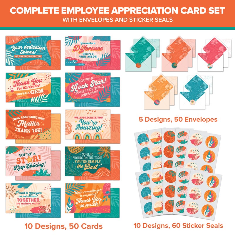 Decorably 50 Pack 6x4in Employee Appreciation Cards with Envelopes and Stickers, 10 Colorful and Retro Designs Staff Appreciation Cards, Blank Inside - Promotion, Recognition, Work Anniversary - Image 2