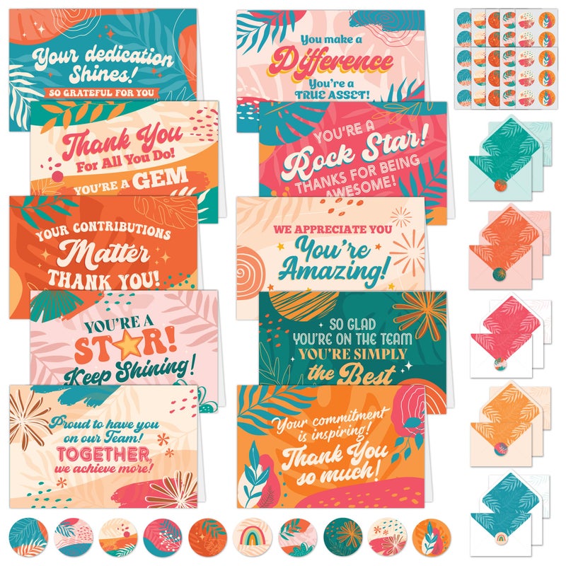 Decorably 50 Pack 6x4in Employee Appreciation Cards with Envelopes and Stickers, 10 Colorful and Retro Designs Staff Appreciation Cards, Blank Inside - Promotion, Recognition, Work Anniversary - Image 1