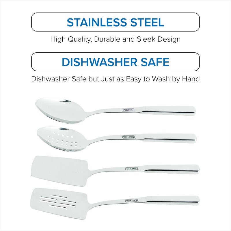 Viking Kitchen Utensils Set, 8 Piece Stainless Steel Cooking Utensil Set, Includes Spatulas, Spoons, Pasta Fork, Deep Ladle, Meat Fork, and Skimmer, Silver - Image 4