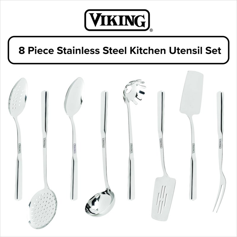 Viking Kitchen Utensils Set, 8 Piece Stainless Steel Cooking Utensil Set, Includes Spatulas, Spoons, Pasta Fork, Deep Ladle, Meat Fork, and Skimmer, Silver - Image 2