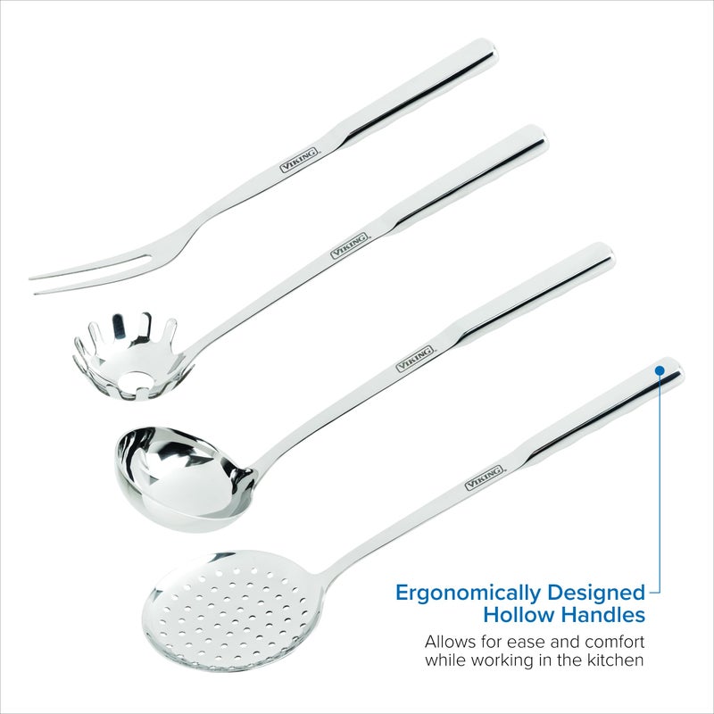 Viking Kitchen Utensils Set, 8 Piece Stainless Steel Cooking Utensil Set, Includes Spatulas, Spoons, Pasta Fork, Deep Ladle, Meat Fork, and Skimmer, Silver - Image 5