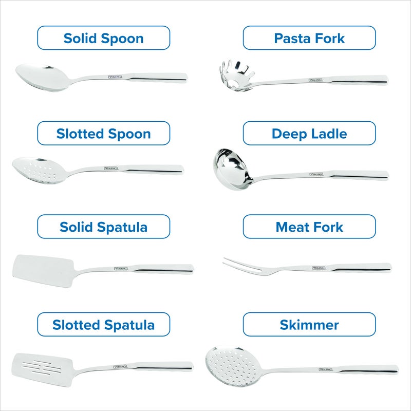 Viking Kitchen Utensils Set, 8 Piece Stainless Steel Cooking Utensil Set, Includes Spatulas, Spoons, Pasta Fork, Deep Ladle, Meat Fork, and Skimmer, Silver - Image 3