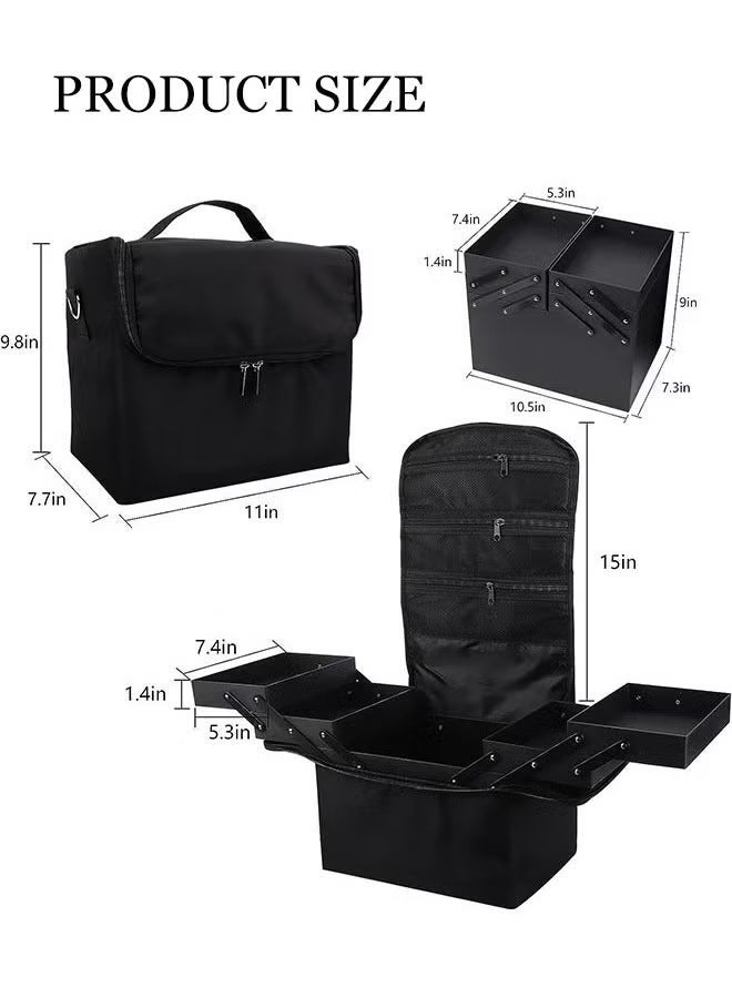 Extra large-Capacity Cosmetic Box,Deployable makeup Bag make-up case,Makeup Train Case Cosmetic Box,Double Layer Travel Cosmetic Case,Portable Artist Storage Bag with Adjustable Dividers for Nail Tools Jewelry Toiletry Jewelry Makeup Brushes Skin(Black) - Image 2