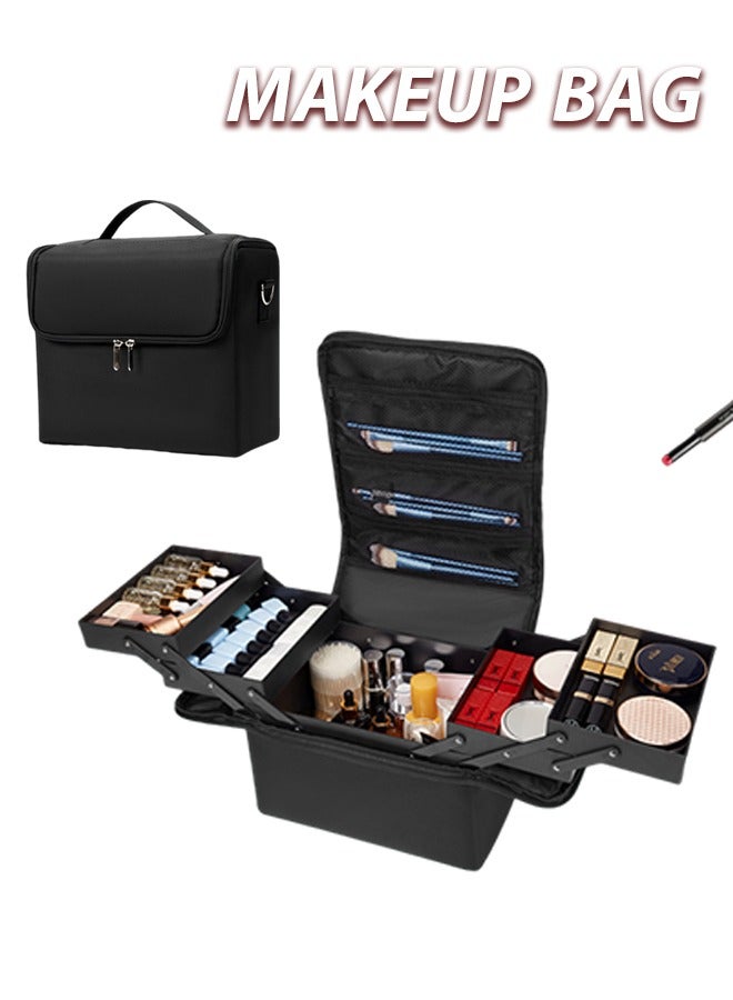 Extra large-Capacity Cosmetic Box,Deployable makeup Bag make-up case,Makeup Train Case Cosmetic Box,Double Layer Travel Cosmetic Case,Portable Artist Storage Bag with Adjustable Dividers for Nail Tools Jewelry Toiletry Jewelry Makeup Brushes Skin(Black) - Image 1