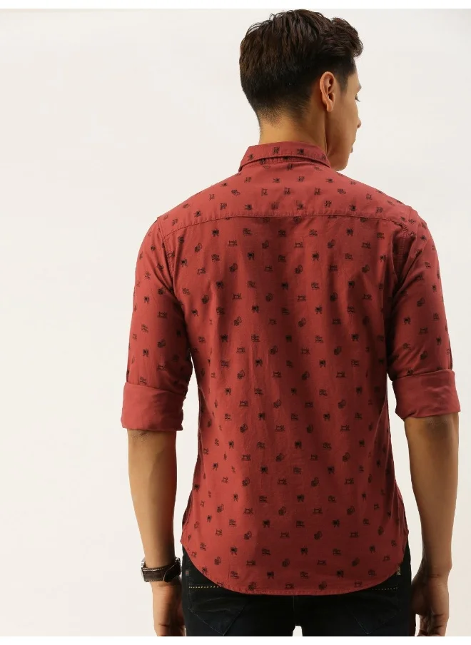 The Indian Garage Co Brick Red Slim Fit Casual Graphic Spread Collar Full Sleeves Cotton Shirt