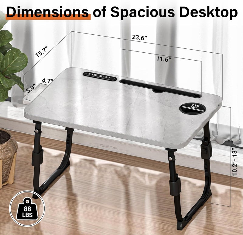 DECOSIS Laptop Desk for Bed Height Adjustable, Lap Bed Table with USB/Storage Drawer/Cup Holder/Tablet Stand/Book Shelf, Foldable Breakfast Tray Portable for Reading Writing, Sofa & Floor, Light Stone Texture - Image 4
