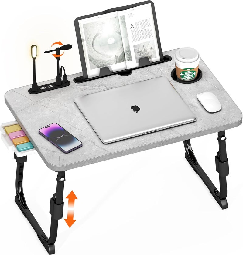 DECOSIS Laptop Desk for Bed Height Adjustable, Lap Bed Table with USB/Storage Drawer/Cup Holder/Tablet Stand/Book Shelf, Foldable Breakfast Tray Portable for Reading Writing, Sofa & Floor, Light Stone Texture - Image 1