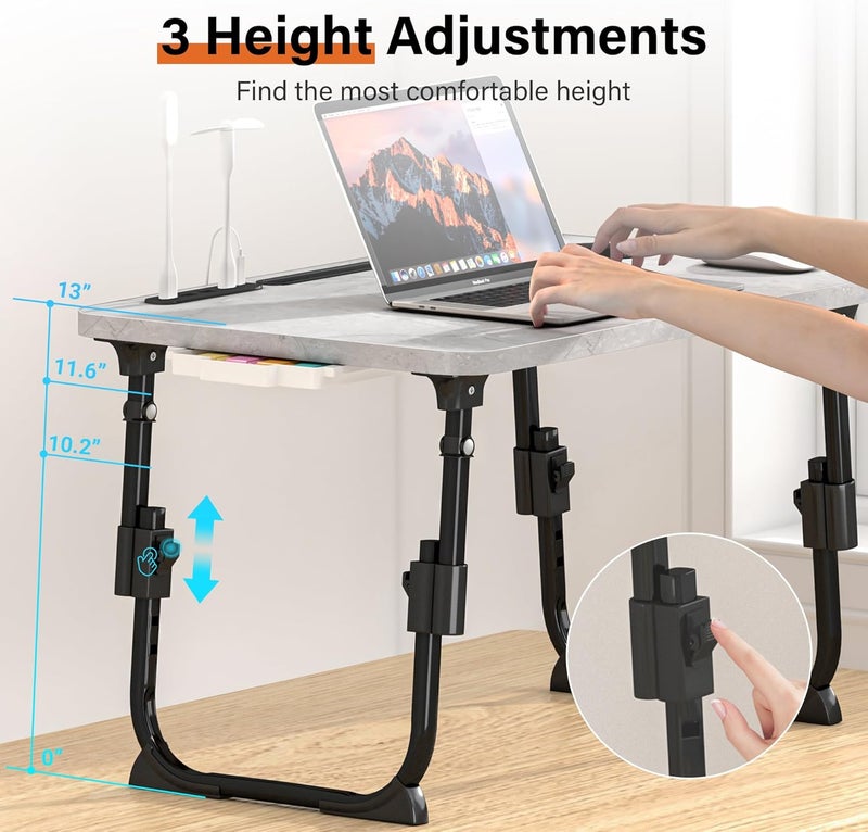DECOSIS Laptop Desk for Bed Height Adjustable, Lap Bed Table with USB/Storage Drawer/Cup Holder/Tablet Stand/Book Shelf, Foldable Breakfast Tray Portable for Reading Writing, Sofa & Floor, Light Stone Texture - Image 2
