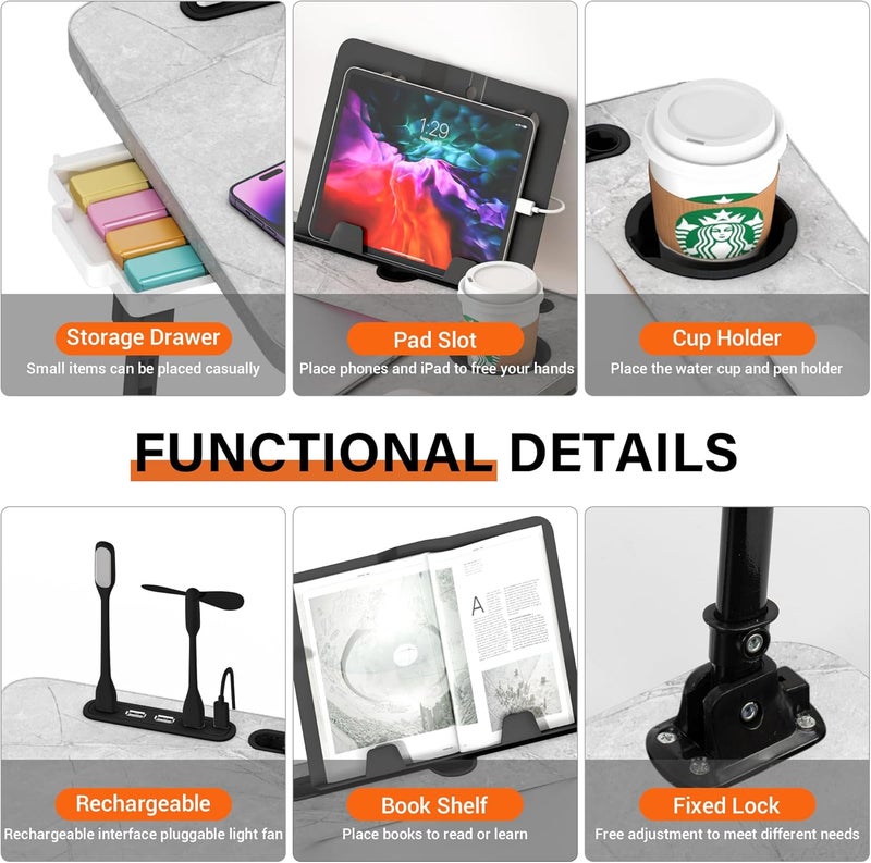 DECOSIS Laptop Desk for Bed Height Adjustable, Lap Bed Table with USB/Storage Drawer/Cup Holder/Tablet Stand/Book Shelf, Foldable Breakfast Tray Portable for Reading Writing, Sofa & Floor, Light Stone Texture - Image 5