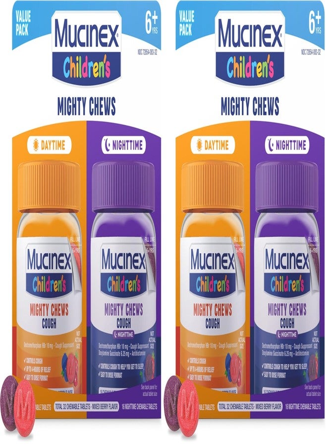 Mucinex Children Mighty Chews Kids Cough Medicine Daytime and Nighttime Value,Easy to Dose Cough Suppressant for Kids with Dextromethorphan,Mixed Berry Flavor,32 Medicated Chewable Tablets(Pack of 2) - Image 1
