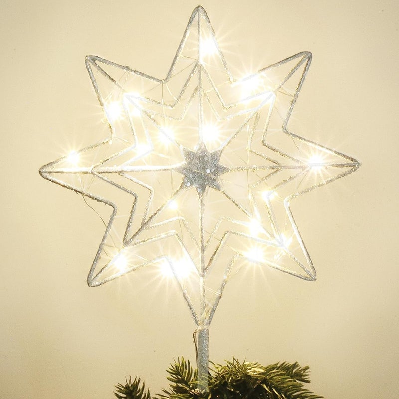 hogardeck Christmas Tree Topper, Glittered Silver 8-Pointed Star Tree Topper for Christmas Treetop, 20 LED Timer Sparkling Tree Toppers for Christmas Tree Decorations - Image 1