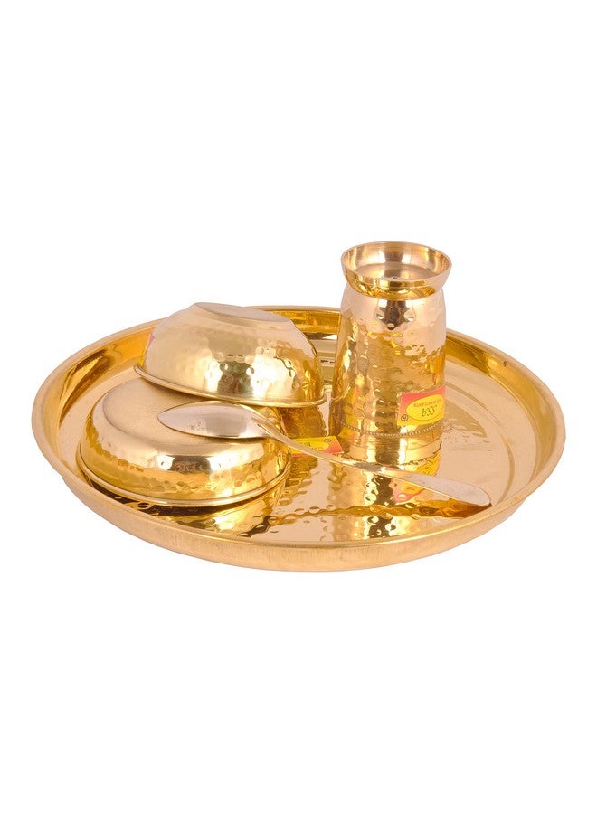 SHIV SHAKTI ARTS SHIV SHAKTI ARTS Pure Brass Solid Thali Set Round 5 Piece Set |Pital Dinner Set | Hammered Design L | Brass Dinnerware Set, For Gifting Diwali Special Gold - Image 3