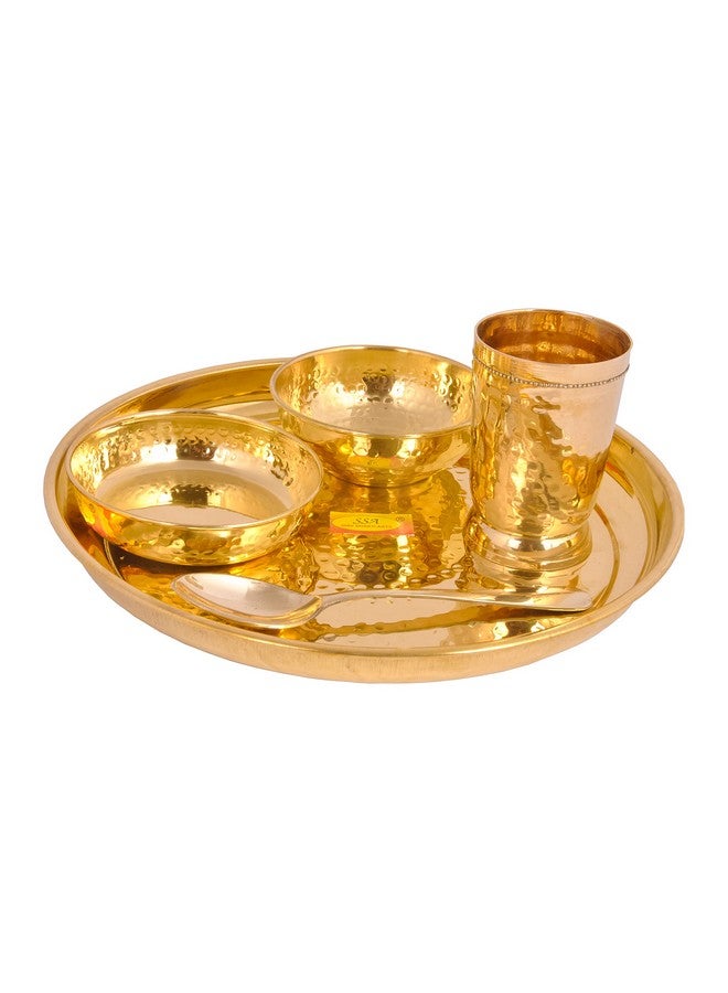 SHIV SHAKTI ARTS SHIV SHAKTI ARTS Pure Brass Solid Thali Set Round 5 Piece Set |Pital Dinner Set | Hammered Design L | Brass Dinnerware Set, For Gifting Diwali Special Gold - Image 1