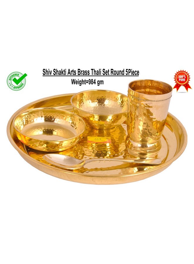 SHIV SHAKTI ARTS SHIV SHAKTI ARTS Pure Brass Solid Thali Set Round 5 Piece Set |Pital Dinner Set | Hammered Design L | Brass Dinnerware Set, For Gifting Diwali Special Gold - Image 2