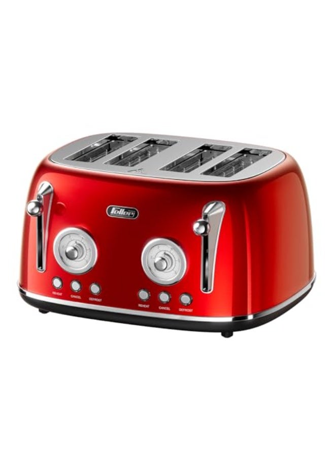 Feller Germany, Retro Style 4-Slice Toaster, 1630 W, Steel Body, 2 Dust Covers & 2 Bun Warmers, Defrost, Reheat, & Cancel Function, 4 Extra wide Bread Slots, Removable Crumb Tray, TO490 (Red)