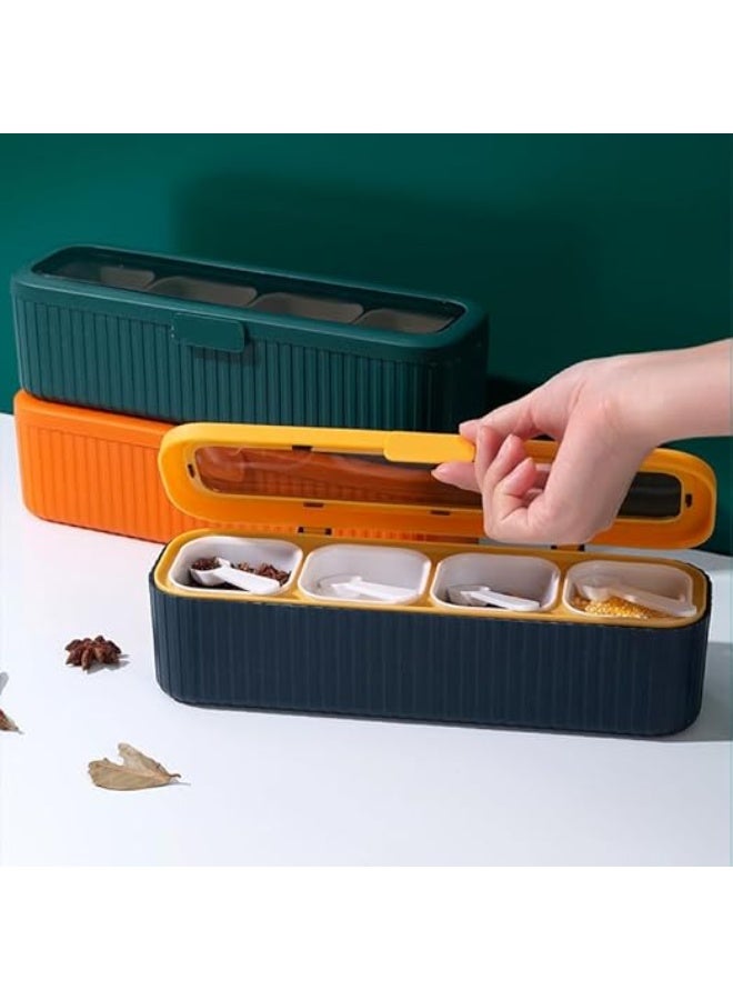 DUNISO صندوق توابل المطبخ، حاوية توابل بلاستيكية مع 4 أقسام، حاوية تخزين توابل مع غطاء وملعقة، مضادة للانزلاق، سهلة التنظيف، للمطبخ، المنضدة، تخزين الطعام - Image 3