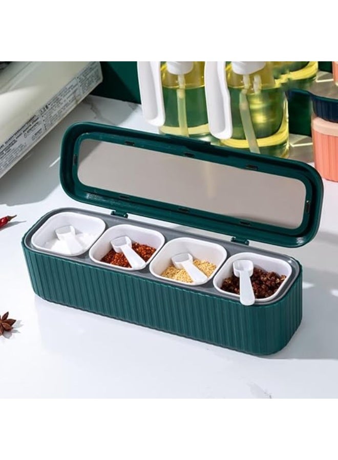 DUNISO صندوق توابل المطبخ، حاوية توابل بلاستيكية مع 4 أقسام، حاوية تخزين توابل مع غطاء وملعقة، مضادة للانزلاق، سهلة التنظيف، للمطبخ، المنضدة، تخزين الطعام - Image 1