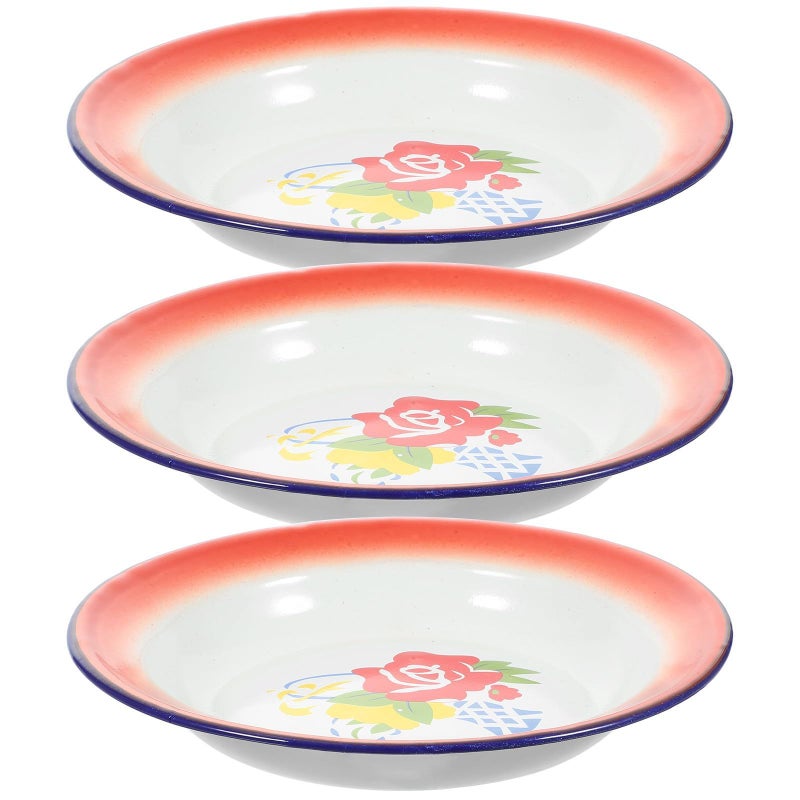 Vintage 3 Piece Enamel Snack Plates 20cm Round Food Dishes Retro Floral Tableware for Hot Pot BBQ Household Use - Image 2