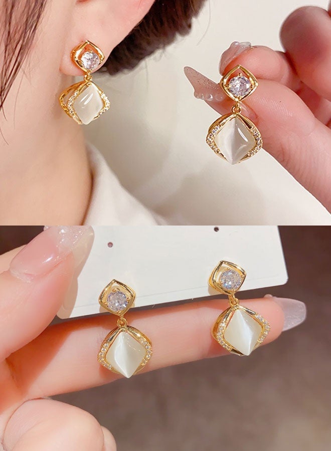 Women's Gold-Plated Drop Earrings, Cat's Eye & Zircon Geometric Statement Earrings for Ladies, Ideal for Daily & Formal Wear in Middle East - Image 1