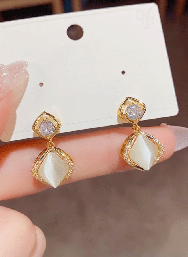 Women's Gold-Plated Drop Earrings, Cat's Eye & Zircon Geometric Statement Earrings for Ladies, Ideal for Daily & Formal Wear in Middle East - Image 4